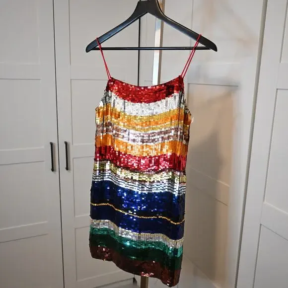 NWOT: Alice & Olivia Bridget Striped Sequins Rainbow Mini Dress - Picture 4 of 10